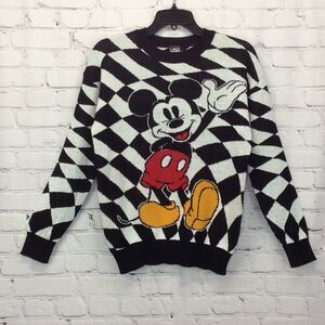 Disney Mickey Mouse Graphic Sweater Women's Size XS Black/White Check Pullover